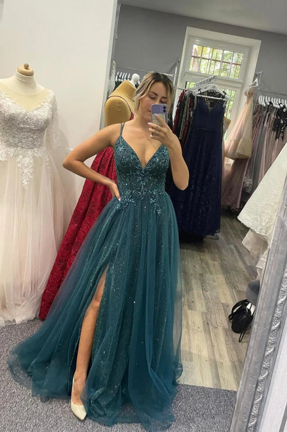 Wholesale Spaghetti Straps New Arrival Tulle Beaded Long Evening Party Dress A Line Prom Dress